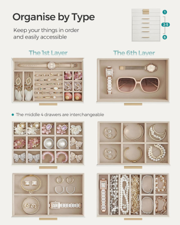 Cutie bijuterii 6 niveluri, cu capac din sticla si 5 sertare, 16x25x29 cm, alb auriu [6]