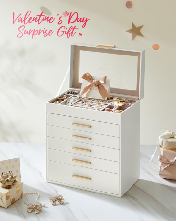 Cutie bijuterii 6 niveluri, cu capac din sticla si 5 sertare, 16x25x29 cm, alb auriu [4]