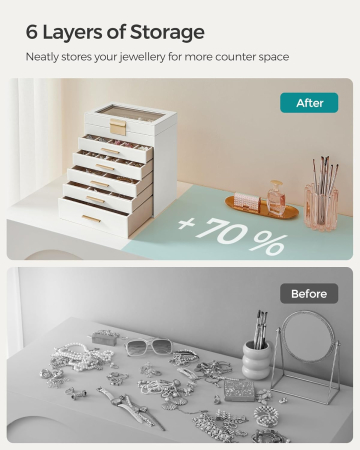 Cutie bijuterii 6 niveluri, cu capac din sticla si 5 sertare, 16x25x29 cm, alb auriu [5]