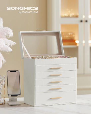 Cutie bijuterii 6 niveluri, cu capac din sticla si 5 sertare, 16x25x29 cm, alb auriu [2]