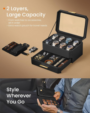 SONGMICS Cutie ceasuri Ronne Collection, 8 sloturi cu compartimente, piele PU impletita, 27x20x15 cm, negru [4]