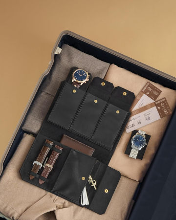 SONGMICS Cutie ceasuri Ronne Collection pentru 3 ceasuri, piele PU, cu compartiment secret, 22x15x5 cm, negru [5]