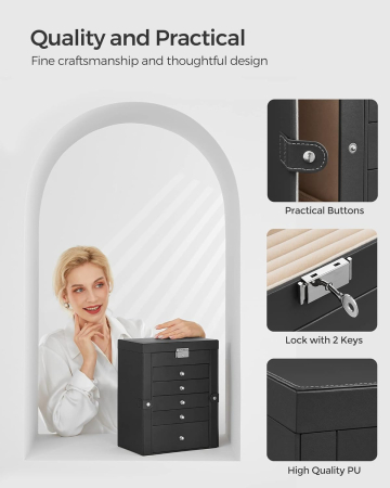 SONGMICS Cutie de bijuterii 6 nivele, 5 sertare, oglinda, suport ceasuri, incuietoare, 16x26x32cm, negru [10]