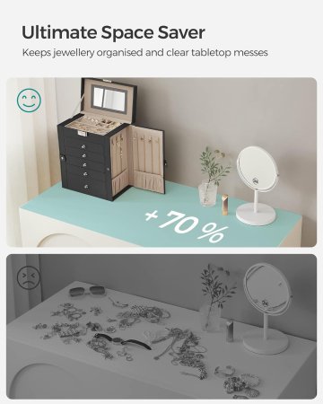 SONGMICS Cutie de bijuterii 6 nivele, 5 sertare, oglinda, suport ceasuri, incuietoare, 16x26x32cm, negru [12]