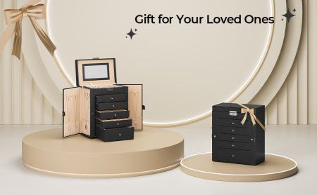 SONGMICS Cutie de bijuterii 6 nivele, 5 sertare, oglinda, suport ceasuri, incuietoare, 16x26x32cm, negru [5]