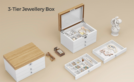 Cutie de bijuterii cu 3 nivele, 2 sertare, capac cu oglinda, 17x25x15cm, alb si maro [2]