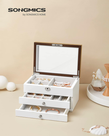 Cutie de bijuterii cu 3 nivele, 2 sertare, capac cu oglinda, 17x25x15cm, alb si maro [3]