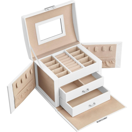 Organizare - SONGMICS Cutie de bijuterii cu 3 niveluri, oglinda, incuietoare cu maner, 2 sertare, 14x18x14cm, alb