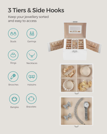 SONGMICS Cutie de bijuterii cu 3 niveluri, oglinda, incuietoare cu maner, 2 sertare, 14x18x14cm, alb [2]