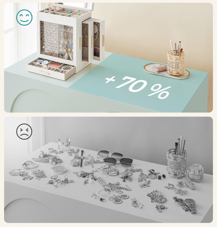 SONGMICS Cutie de bijuterii cu 3 sertare laterale, fereastra si oglinda mare, 16x26x32 cm, alb [5]