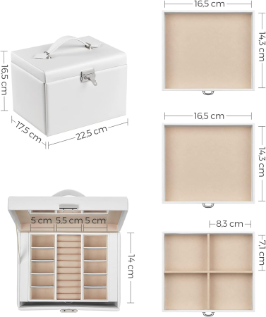 SONGMICS Cutie de bijuterii cu 4 nivele, 3 sertare, oglinda si incuietoare, 18x23x17cm, alb [7]