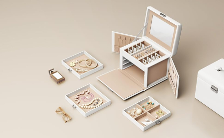 SONGMICS Cutie de bijuterii cu 4 nivele, 3 sertare, oglinda si incuietoare, 18x23x17cm, alb [2]