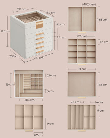 Cutie bijuterii 6 niveluri 45 compartimente, capac sticla, captuseala catifea, MDF si PU, 20x23x23 cm, alb auriu [4]