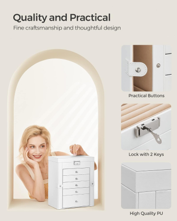 Cutie de bijuterii cu 6 nivele, 5 sertare, oglinda si incuietoare, spatiu pentru ceasuri, 26x15x32cm, alb [5]