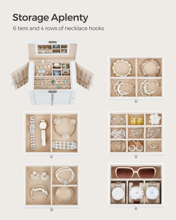 Cutie de bijuterii cu 6 nivele, 5 sertare, oglinda si incuietoare, spatiu pentru ceasuri, 26x15x32cm, alb [2]