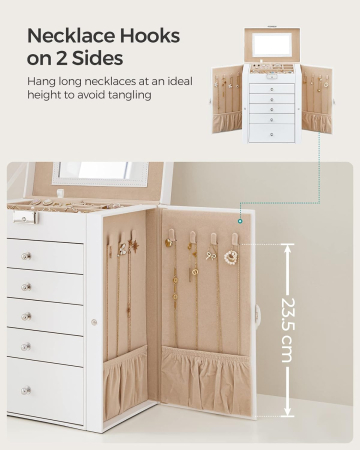 Cutie de bijuterii cu 6 nivele, 5 sertare, oglinda si incuietoare, spatiu pentru ceasuri, 26x15x32cm, alb [3]