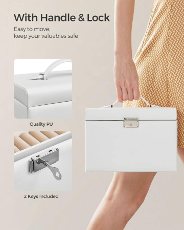 SONGMICS Cutie de bijuterii pe 3 nivele, 2 sertare, maner, inchidere cu cheie, 18x26x17cm, alb [11]