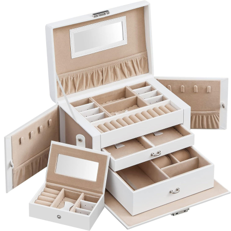 Organizare - SONGMICS Cutie de bijuterii pe 3 nivele, 2 sertare, maner, inchidere cu cheie, 18x26x17cm, alb