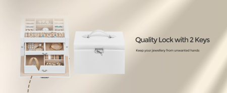 SONGMICS Cutie de bijuterii pe 3 nivele, 2 sertare, maner, inchidere cu cheie, 18x26x17cm, alb [3]