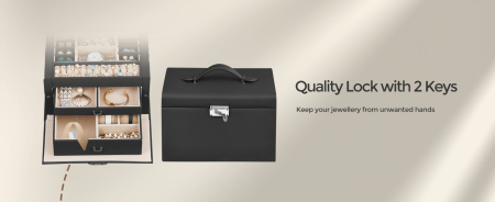 SONGMICS Cutie de bijuterii pe 3 nivele, cu 2 sertare, oglinda, maner, inchidere cu cheie, 18x26x17cm, negru [3]