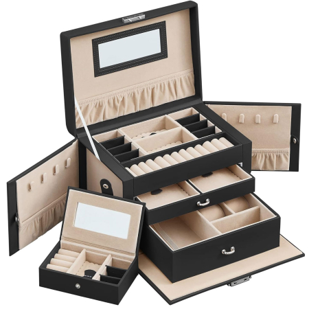 Organizare - SONGMICS Cutie de bijuterii pe 3 nivele, cu 2 sertare, oglinda, maner, inchidere cu cheie, 18x26x17cm, negru