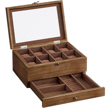 Organizare - SONGMICS Cutie de ceasuri din lemn masiv, 8 compartimente si sertar bijuterii, 19x27x13cm, nuc rustic