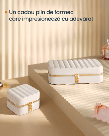Cutie pentru bijuterii de calatorie, cu oglinda si compartimente organizate, 20x10x6 cm, alb [5]