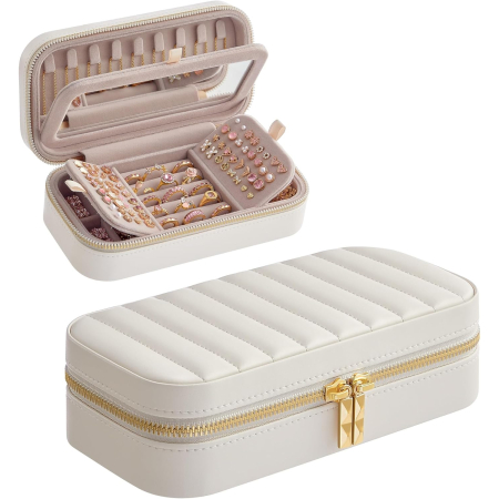 Baie - Cutie pentru bijuterii de calatorie, cu oglinda si compartimente organizate, 20x10x6 cm, alb