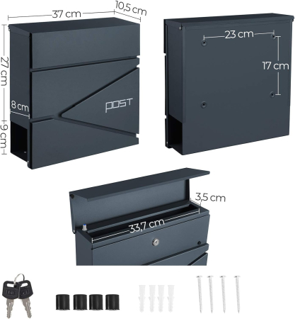 SONGMICS Cutie postala de exterior, pentru gard sau perete, din otel, cu incuietoare, 37x11x37cm, gri antracit [3]