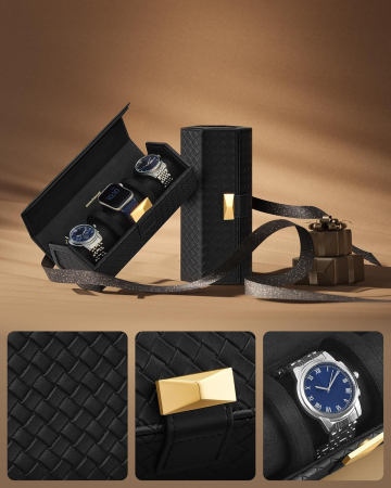 SONGMICS Cutie voiaj ceasuri Ronne, 3 compartimente + spatiu ascuns, 21x10x9 cm, negru [4]