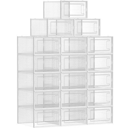 Rafturi si depozitare - Cutii de pantofi, set de 18 organizatoare stivuibile, structura rezistenta ABS, 34x23x14cm, transparent