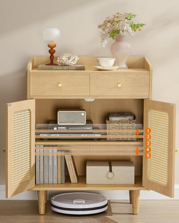 SONGMICS Dulap 70x40x90 cm, cu 2 sertare, raft reglabil si usi duble, MDF si lemn masiv, stil boho, stejar bej [5]