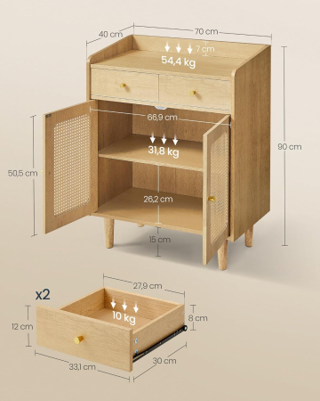 SONGMICS Dulap 70x40x90 cm, cu 2 sertare, raft reglabil si usi duble, MDF si lemn masiv, stil boho, stejar bej [2]