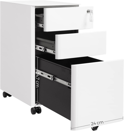 SONGMICS Dulap birou rollbox, cu 3 sertare si roti, corp metalic preasamblat cu incuietoare, pentru documente A4, 46x30x59 cm, alb [1]