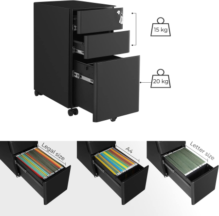SONGMICS Dulap birou rollbox, cu 3 sertare si roti, corp metalic preasamblat cu incuietoare, pentru documente A4, 46x30x59 cm, negru [6]