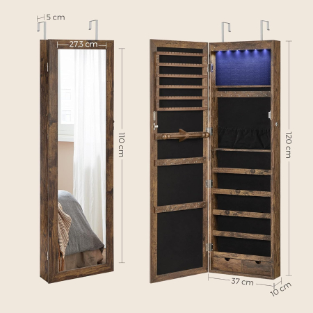 Dulap de bijuterii cu oglinda, din MDF, montare pe perete, 37x10x120 cm, maro rustic [5]