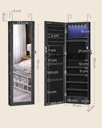 SONGMICS Dulap de bijuterii cu oglinda, din MDF, montare pe perete, 37x10x120 cm, negru [11]