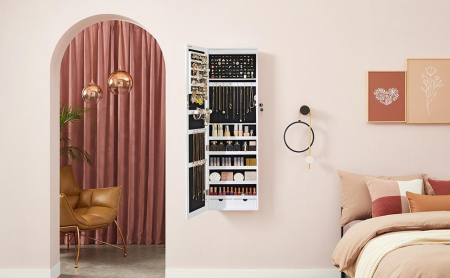 Dulap de bijuterii cu oglinda, montare pe perete, incuietoare, 37x10x120cm, alb [10]