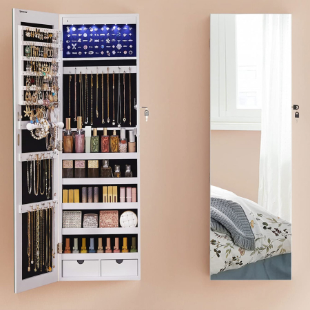 Mese toaleta si oglinzi - Dulap de bijuterii cu oglinda, montare pe perete, lumini LED, 37x10x120cm, alb