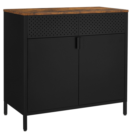 Mobila - SONGMICS Dulap de depozitare 80x40x76 cm, negru si maro rustic, stil industrial, otel si PAL, cu 2 usi, 1 sertar si panou perforat