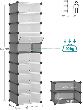 SONGMICS Dulap de depozitare pantofi modular, configurabil cu 10 compartimente, 43x31x173 cm, gri [6]