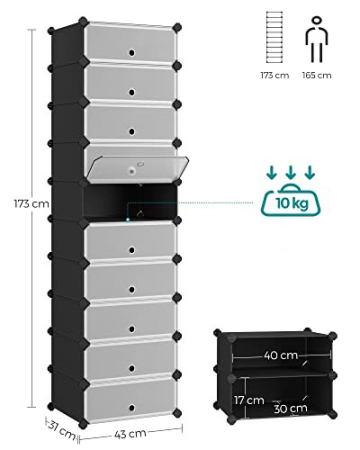 SONGMICS Dulap de depozitare pantofi modular, configurabil cu 10 compartimente, 43x31x173 cm, negru [7]