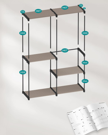 Dulap de haine portabil, cu 3 bare de agatat si rafturi, 138x43x182 cm, maro taupe [2]