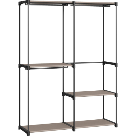 Garderobe - Dulap de haine portabil, cu 3 bare de agatat si rafturi, 138x43x182 cm, maro taupe