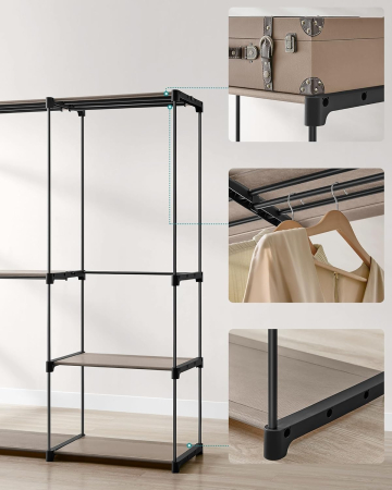 Dulap de haine portabil, cu 3 bare de agatat si rafturi, 138x43x182 cm, maro taupe [3]