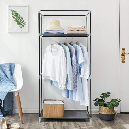 Dulap garderoba textil cu bara pentru haine si rafturi, organizator pentru dormitor sau dressing, 75x45x160 cm, gri [4]