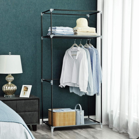 Dulap garderoba textil cu bara pentru haine si rafturi, organizator pentru dormitor sau dressing, 75x45x160 cm, gri [5]