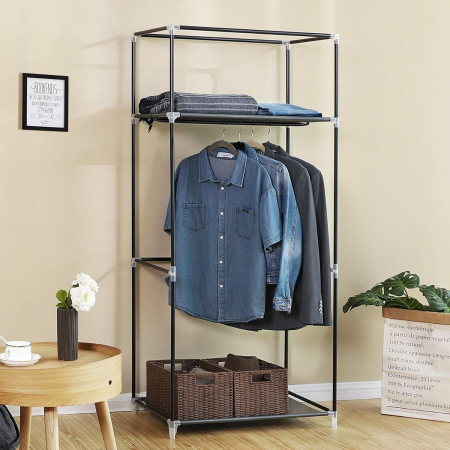 Dulap garderoba textil cu bara pentru haine si rafturi, organizator pentru dormitor sau dressing, 75x45x160 cm, gri [3]