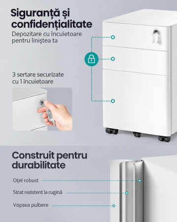 Dulap mobil de birou cu 3 sertare metalice pentru documente si dosare, incuietoare pentru blocarea sertarelor, roti cu frana pentru mobilitat [5]