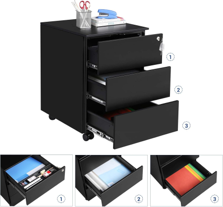 Dulap mobil rollbox pentru birouri, 3 sertare pentru documente, corp pre-asamblat, 45x39x54 cm, negru [4]